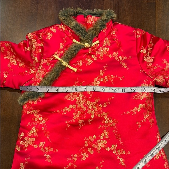 Chinese Traditional Dress Child's Quilted Cheongsam Fur Edged Red Gold Toggles - Picture 6 of 11